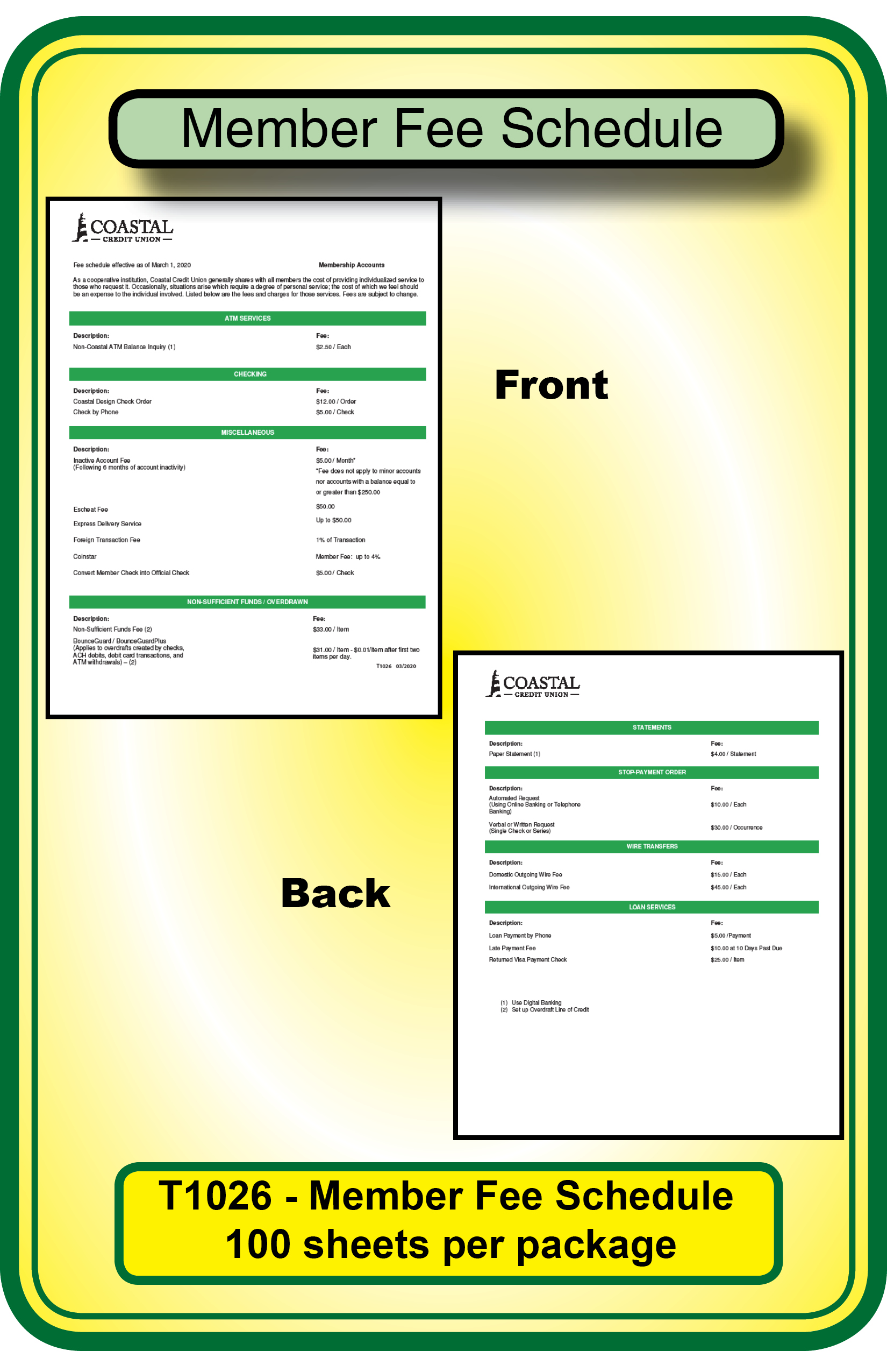 MEMBER SCHEDULE OF FEES **<b>Order By: Package of 100 sheets</b>